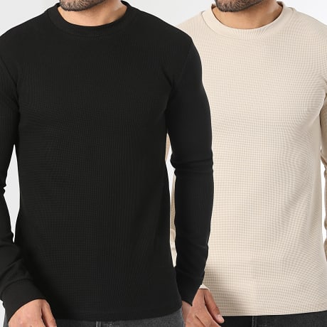 LBO - Lot De 2 Pulls Col Rond Waffle 3922 3925 Noir Beige Clair