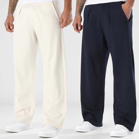 LBO - Pack de 2 Pantalones Vestir Anchos con Pliegues 2324 2379 Beige Claro Azul Marino