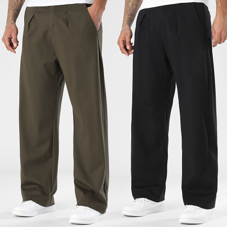 LBO - Lot De 2 Pantalons Habillés Larges A Plis 2368 2380 Noir Vert Kaki