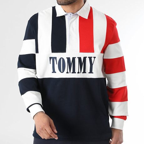 Tommy Jeans - Polo Maniche Lunghe Relaxed Archive Rugby 3054 Blu Marina Bianco Rosso