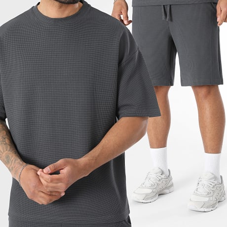 Premium Basics - Co-ord Set T-Shirt Oversized En Casual Short 4147 Wafel Antraciet Grijs