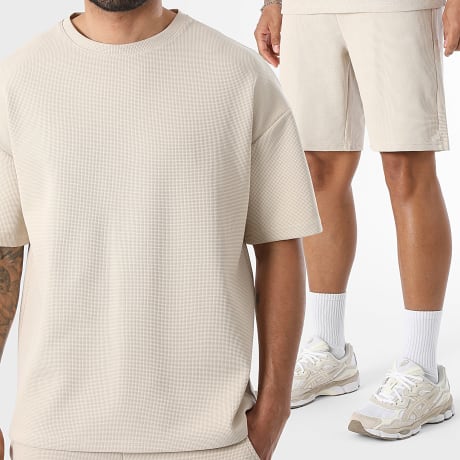 Premium Basics - Co-ord Set T-Shirt Large En Casual Short Wafel 4150 Licht Beige