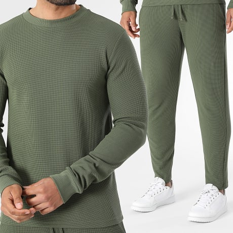 LBO - Ensemble Sweat Col Rond Et Pantalon Jogging Waffle 4157 Vert Kaki