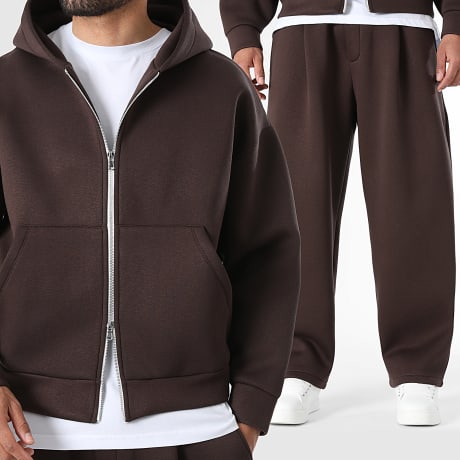 LBO - Co-ord Set Hoodie Met Rits En Broek Jogging Met Plooien Neopreen Effect 2556 Chocolade