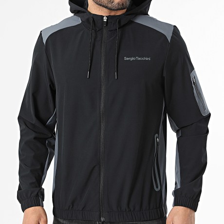 Sergio Tacchini - Veste Capuche Zippée A Bandes Arcata 41449 Noir Gris Anthracite