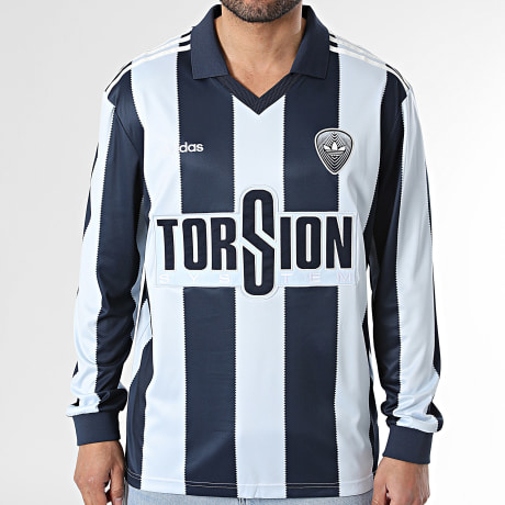 Adidas Originals - Tee Shirt Manches Longues Col V A Rayures Britcore Jersey HZ3787 Bleu Clair Bleu Marine