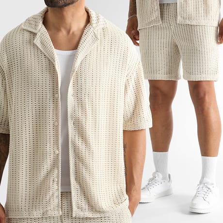Classic Series - Co-ord Set Overhemd Korte Mouwen En Short Gebreide Haak 2589 Beige