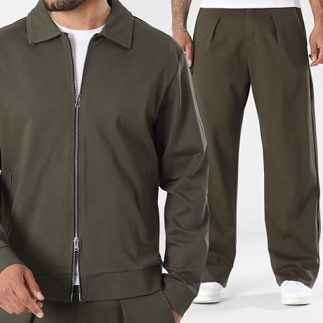 LBO - Ensemble Veste Double Zip Et Pantalon Habillé Large A Plis 2604 Vert Kaki