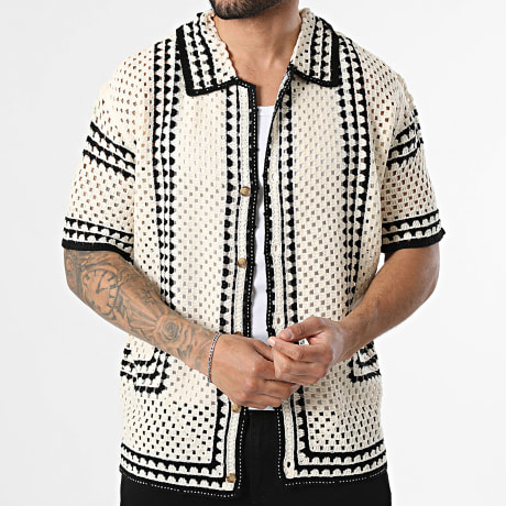 Frilivin - Camisa de Manga Corta de Punto 895 Beige Negro