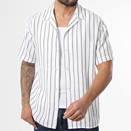 Jack And Jones - Chemise Manches Courtes A Rayures Liam Resort Blanc Vert Kaki