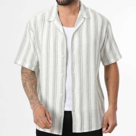 Jack And Jones - Chemise Manches Courtes A Rayures Liam Resort Beige Vert