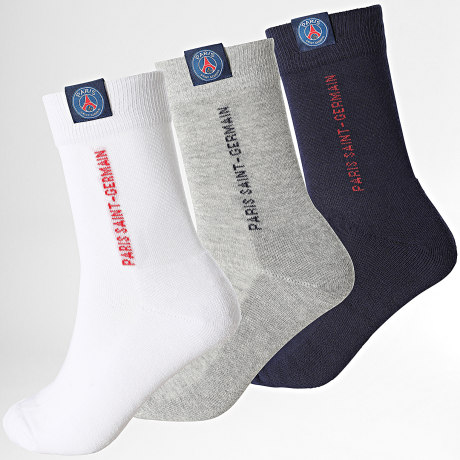 PSG - Lot De 3 Paires De Chaussettes Paris Saint-Germain HCP222 Blanc Bleu Marine Gris Chiné