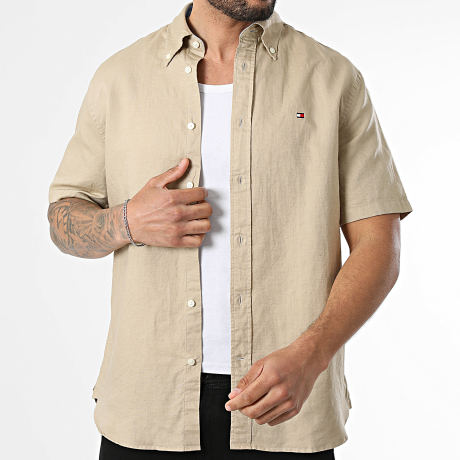 Tommy Hilfiger - Chemise Manches Courtes Regular Fit Linen Blend Solid 2450 Beige
