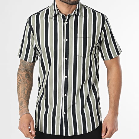Jack And Jones - Chemise Manches Courtes A Rayures Ethan Vert Kaki Noir Blanc
