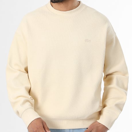 Lacoste - Sweat Crewneck Texturé Loose Fit Logo Brodé Crocodile Ton Sur Ton Beige