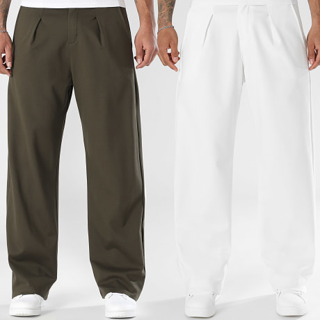 LBO - Pack de 2 Pantalones Vestir Anchos Con Pliegues 2350 2380 Blanco Verde Kaki