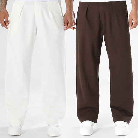 LBO - Lot De 2 Pantalons Habillés Larges A Plis 2550 2545 Blanc Marron Chocolat