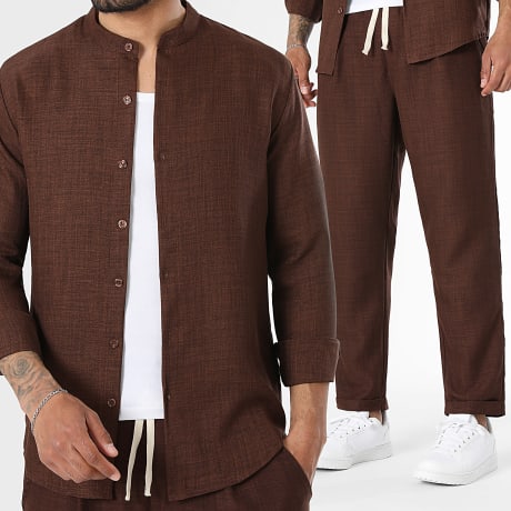 LBO - Tracksuit Long Sleeve Officer Collar Shirt And Linen-Effect Trouser 2735 Chocolate Brown