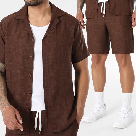 LBO - Co-ord Set Overhemd Korte Mouwen En Casual Short Linnen Effect 2737 Chocoladebruin