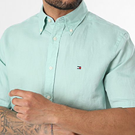 Tommy Hilfiger - Chemise Manches Courtes Regular Fit Linen Blend Solid 2450 Vert