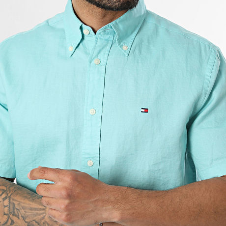 Tommy Hilfiger - Chemise Manches Courtes Regular Fit Linen Blend Solid 2450 Turquoise
