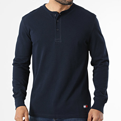 Tommy Jeans - Camiseta Manga Larga Cuello Abotonado Waffle Henley 2525 Azul Marino