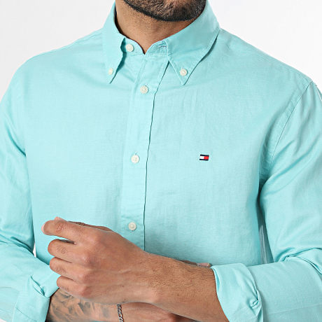 Tommy Hilfiger - Camisa Manga Larga Regular Fit Mezcla de Lino Sólido 2455 Turquesa