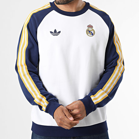 Adidas Originals - Felpa Girocollo A Bande Real Madrid JZ9153 Bianco Blu Navy Giallo