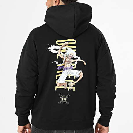 One Piece - Sudadera con capucha Relaxed Vertical Luffy Negro Amarillo