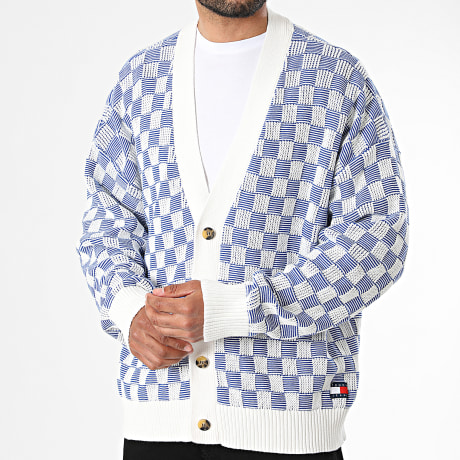 Tommy Jeans - Cardigan Maille A Carreaux Relaxed Texture 2745 Beige Clair Bleu Roi
