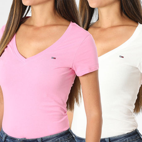 Tommy Jeans - Lot De 2 Tee Shirts Slim Col V Femme 1367 Blanc Rose