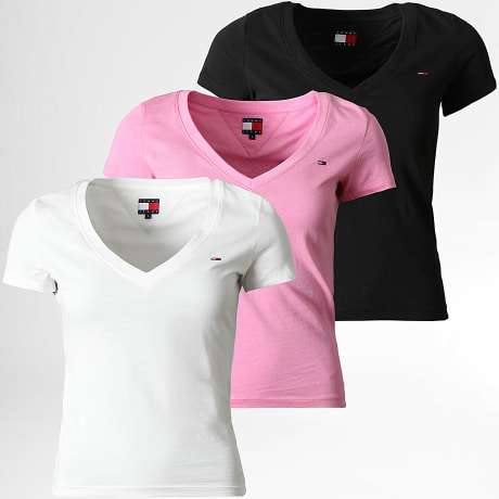 Tommy Jeans - Lot De 3 Tee Shirts Col V Femme 3160 Noir Blanc Rose