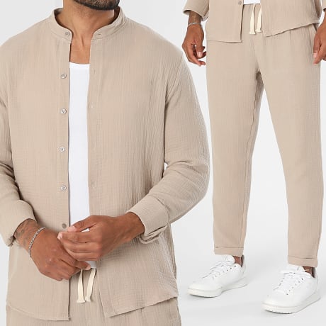 LBO - Tracksuit Shirt Long Sleeves Officer Collar And Trouser Cotton Puckered 2794 Beige