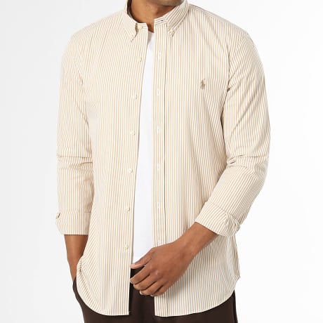 Polo Ralph Lauren - Camisa Manga Larga Slim Fit A Rayas Original Player Beige Blanco