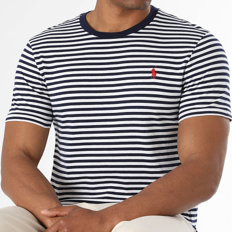 Polo Ralph Lauren - Tee Shirt A Rayures Custom Slim Fit Original Player Bleu Marine Blanc Rouge