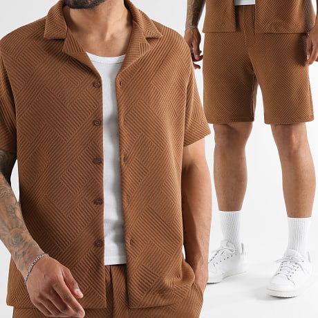 Classic Series - Co-ord Set Overhemd Korte Mouw En Casual Short Getextureerd 2799 Camel