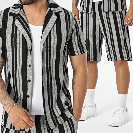 Fusional - Conjunto Camisa Manga Corta y Pantalón Corto a Rayas A07 Negro Gris