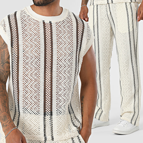 Frilivin - Conjunto Camiseta de Tirantes Y Pantalón Calado X36 Beige Claro Negro
