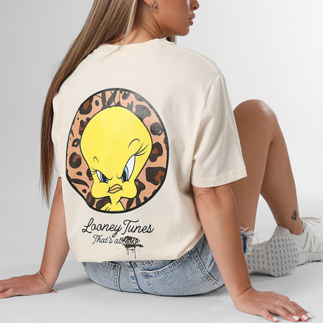 Looney Tunes - Camiseta Oversize Mujer Circle Leopard Tweety Beige