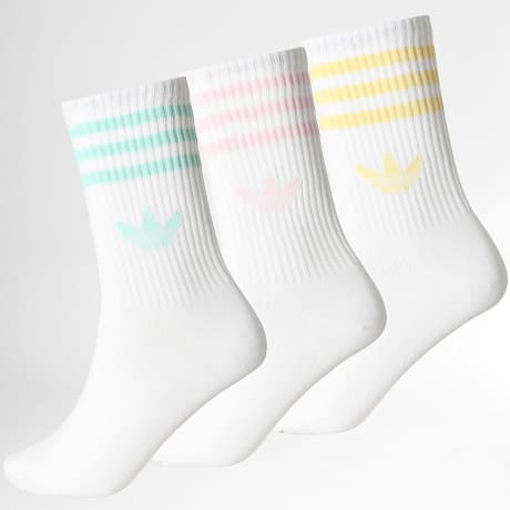 Adidas Originals - Pack de 3 Pares de Calcetines 3 Stripes Crew KQ9036 Blanco Amarillo Verde Rosa