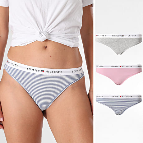Tommy Hilfiger - Pack de 3 Tangas Mujer 5530 Rosa Gris Jaspeado Azul Blanco