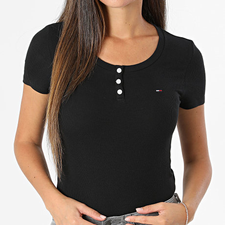 Tommy Jeans - Tee Shirt Slim Col Boutonné Rib Femme Henley 2804 Noir