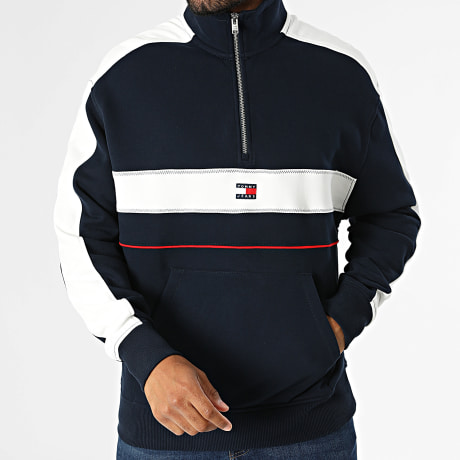 Tommy Jeans - Sweat Col Zippé Relaxed Fit Colorblock 3244 Bleu Marine Blanc