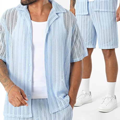 Frilivin - Conjunto Camisa Manga Corta Y Pantalón Corto Crochet U20 Azul Claro