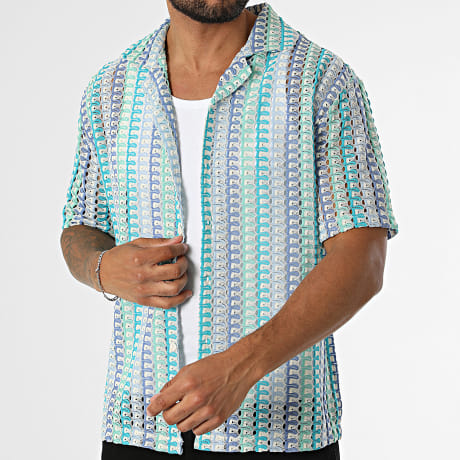 Frilivin - Camisa de manga corta crochet 1098 Azul Beige Verde