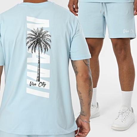 Luxury Lovers - Completo T-Shirt E Pantaloncino da jogging Miami Palm Blu Chiaro