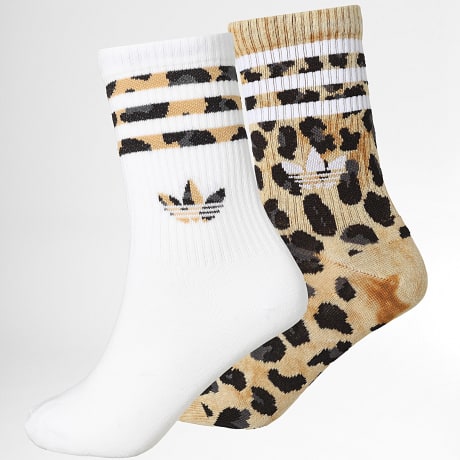 Adidas Originals - Pack de 2 Pares de Calcetines Leo Crew JV7855 Blanco Beige Leopardo