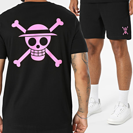 One Piece - Conjunto Camiseta y Pantalón Corto de chándal Mugiwara Back Negro Rosa Flúor