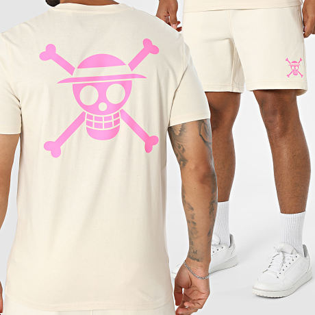 One Piece - Conjunto Camiseta y Pantalón Corto de chándal Mugiwara Beige Rosa Flúor