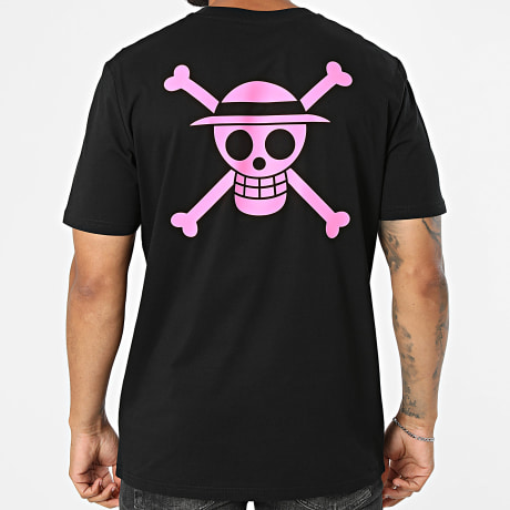 One Piece - Tee Shirt Oversize Mugiwara Back Noir Rose Fluo